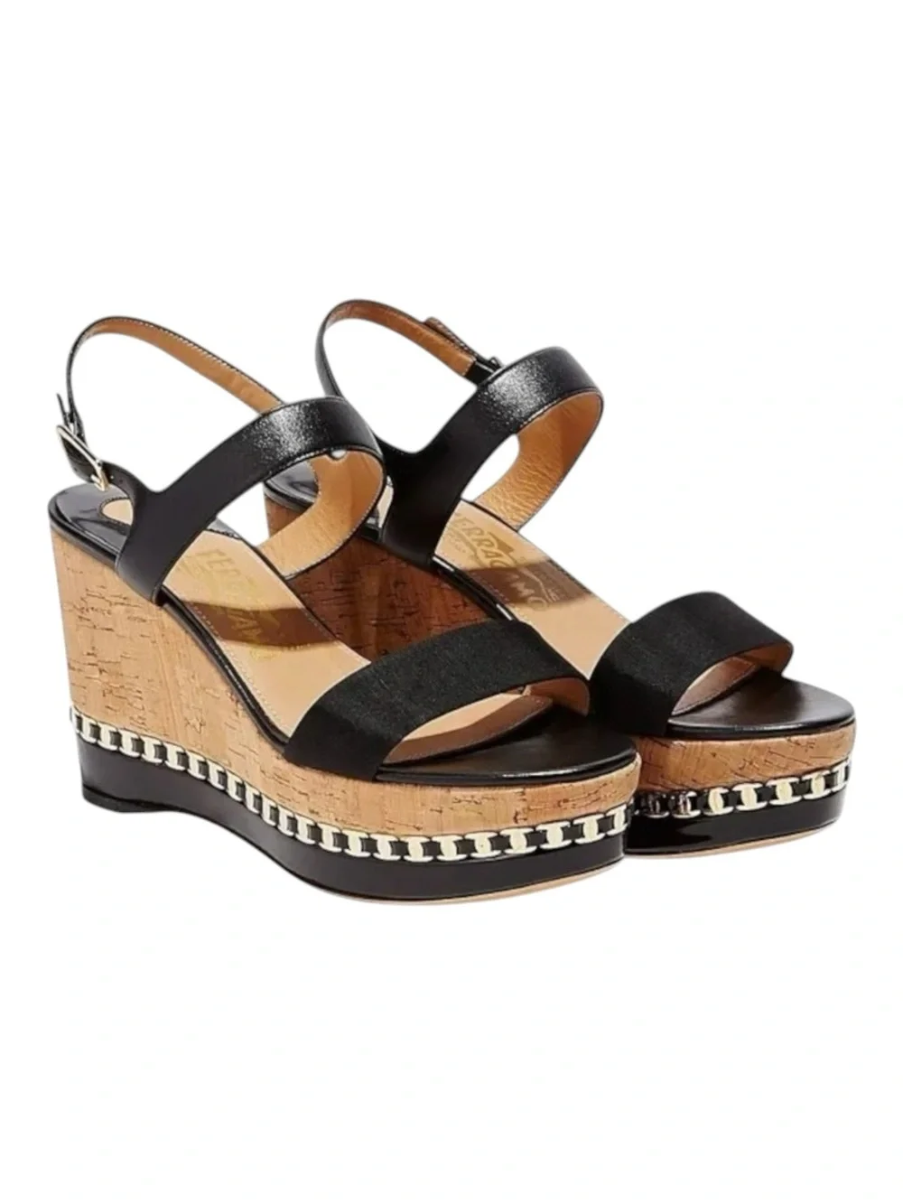 Salvatore Ferragamo ꔘ Mollie Chain Platform Wedge Sandals ꔘ Black Leather ꔘ 9.5B